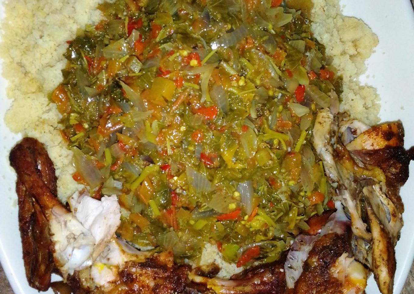 Couscous, vegetable soup and roasted chicken