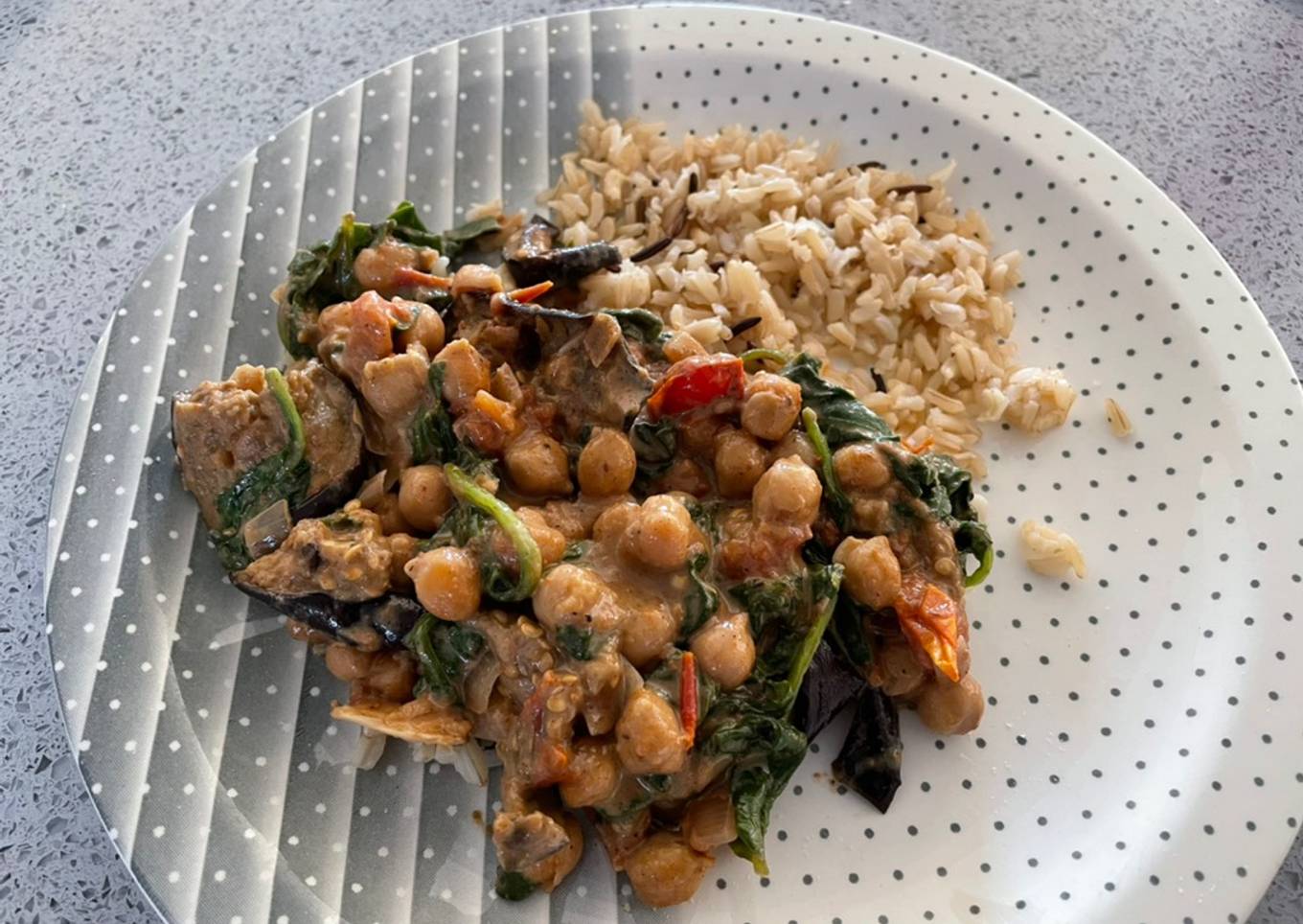 Eggplant, spinach and chickpea curry