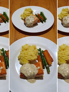 Foto resep Grilled Salmon with Mashed Potatoes and Garlic Cheese Blackpepper Sauce