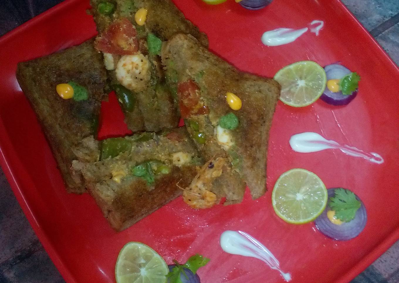 Double decker prawn tikki sandwich