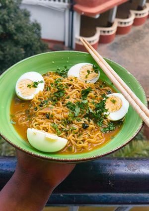 A picture of Indomie with Boiled Eggs.