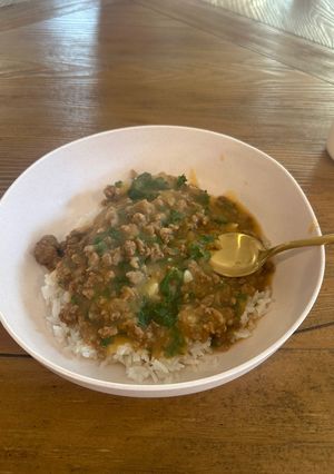 A picture of Caldo Verde Soup over White Rice.
