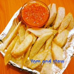 A picture of Fried Yam and Stew.