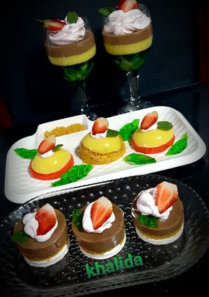 A picture of Fruity jello pudding chocolate mousse.