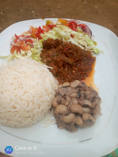 A picture of Simple Rice and beans with stew.