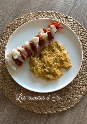 Une photo de Brochettes de cabillaud au chorizo et fondue de poireaux au Thermomix
