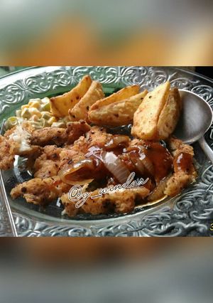 Foto resep Chicken steak with blackpepper sauce & potato wedges + mix vgtbl