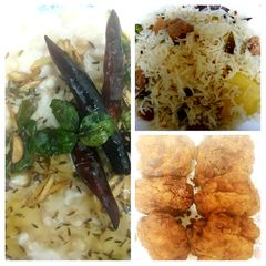 A picture of Soya bean rice/crispy chicken n Raita(yogurt)😊.