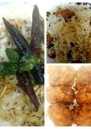 A picture of Soya bean rice/crispy chicken n Raita(yogurt)😊.