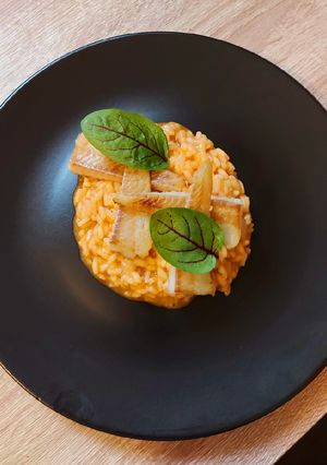 Sült paprikakrémes rizottó, tőkehal filével recept fotója