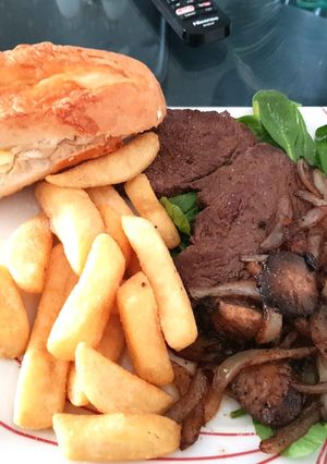 A picture of My Garlic Buttered Steak, Mushroom and Onions. 😀.