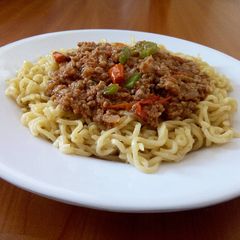 A picture of Wet fried minced meat with Indomie.