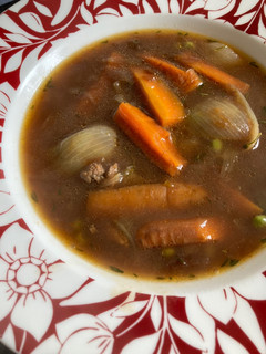A picture of Leftover roast dinner soup.