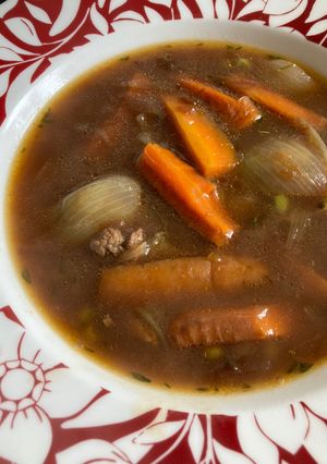 A picture of Leftover roast dinner soup.