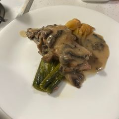 Mushroom cream sauce over braised chicken and leeks A picture of Mushroom cream sauce over braised chicken and leeks.