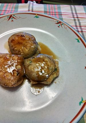 A picture of Teriyaki Chicken and Tofu Tsukune with Lotus Root.