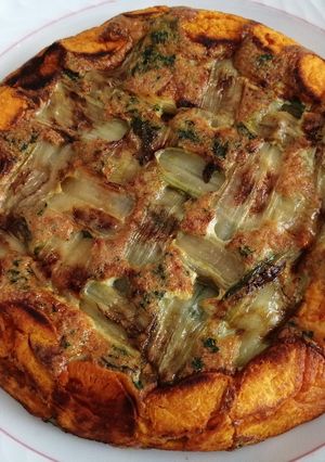 A picture of Rainbow Swiss Chard and Potato Frittata.