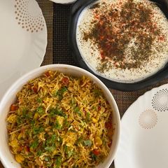 A picture of Jhatpat Kadai Pulao with Mix Raita.