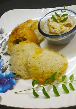 A picture of Samak rice Idli with Peanut chutney.