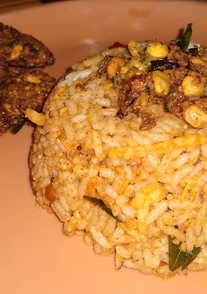 A picture of Vangi bath/brinjal rice.