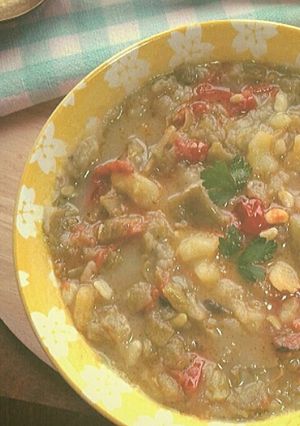 A picture of Chilled Minestrone with Snow Peas, Potatoes, and Tomatoes (Light Recipe).