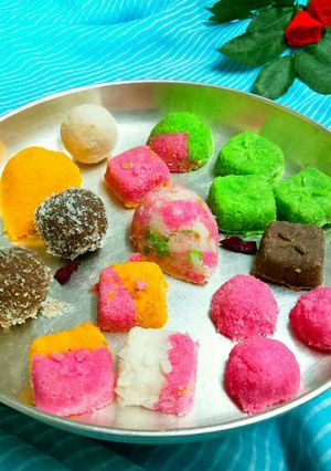 A picture of Instant Descciated coconut burfi & ladoos.