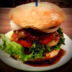 A picture of Mike's Double Decker Sweet Hawaiian Swiss Burgers.