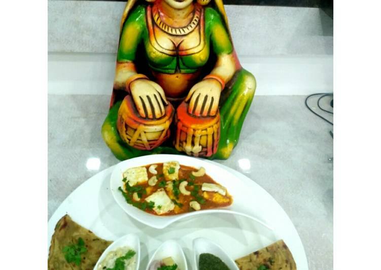 Recipe of Any-night-of-the-week Paneer butter masala with cucumber curd,green chutney,salad,roti