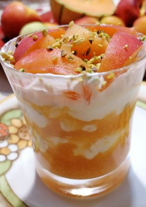 A picture of Greek Yogurt, Mascarpone, and Seasonal Fruit Semifreddo.
