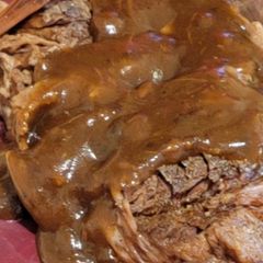 A picture of Left over beef pot roast (beef and noodles).