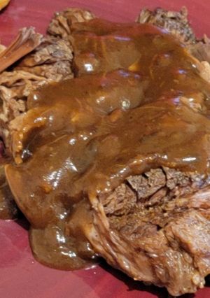 A picture of Left over beef pot roast (beef and noodles).