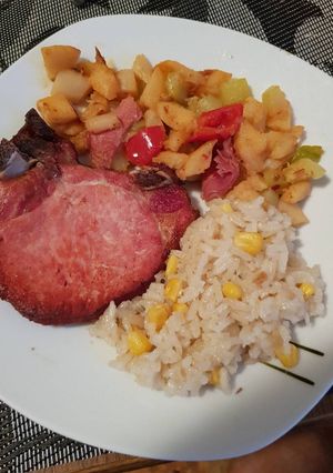 Sült karaj, zöldséggel, rizzsel recept fotója