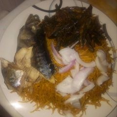 A picture of Native igbo Food(abacha) with ugba and smoked fish.