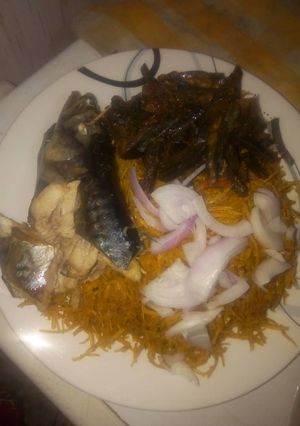 A picture of Native igbo Food(abacha) with ugba and smoked fish.