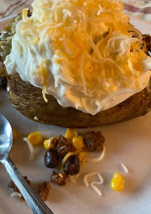 A picture of Black bean & corn Taco baked potatoes(for picky eaters see recipe for regular taco baked potatoes).