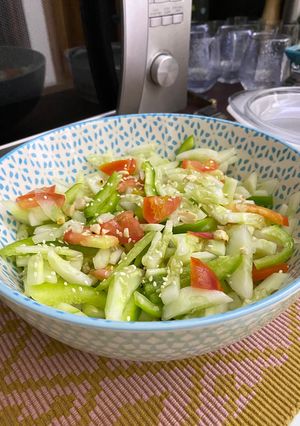 A picture of Quick Soy Sauce Lemon Sesame Oil Dressing with Cucumber Tomato Capsicum Salad.