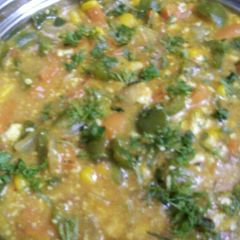 A picture of Mix Veg Paneer Masala in white sauce.