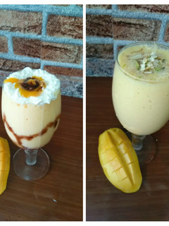 A picture of Mango milk shake with chocolate and nuts.