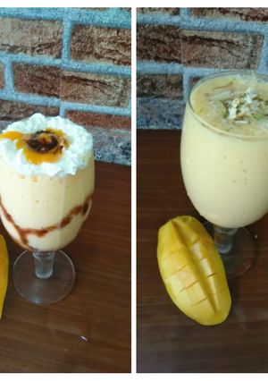A picture of Mango milk shake with chocolate and nuts.