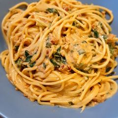 A picture of Pasta with sun dried tomato sauce.