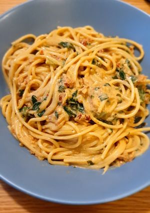 A picture of Pasta with sun dried tomato sauce.