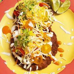 A picture of It's a what? It's red corn masa and chicken together and made into a tortilla. It's A Chick-A-Tilla!.