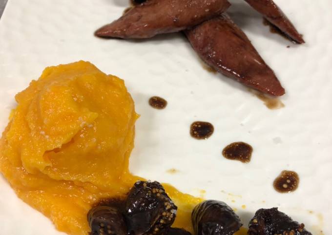 Aiguillettes de canard figues rôties et sa purée de carotte panais