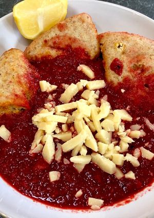 A picture of Borscht (Beetroot Soup) and Dumplings.