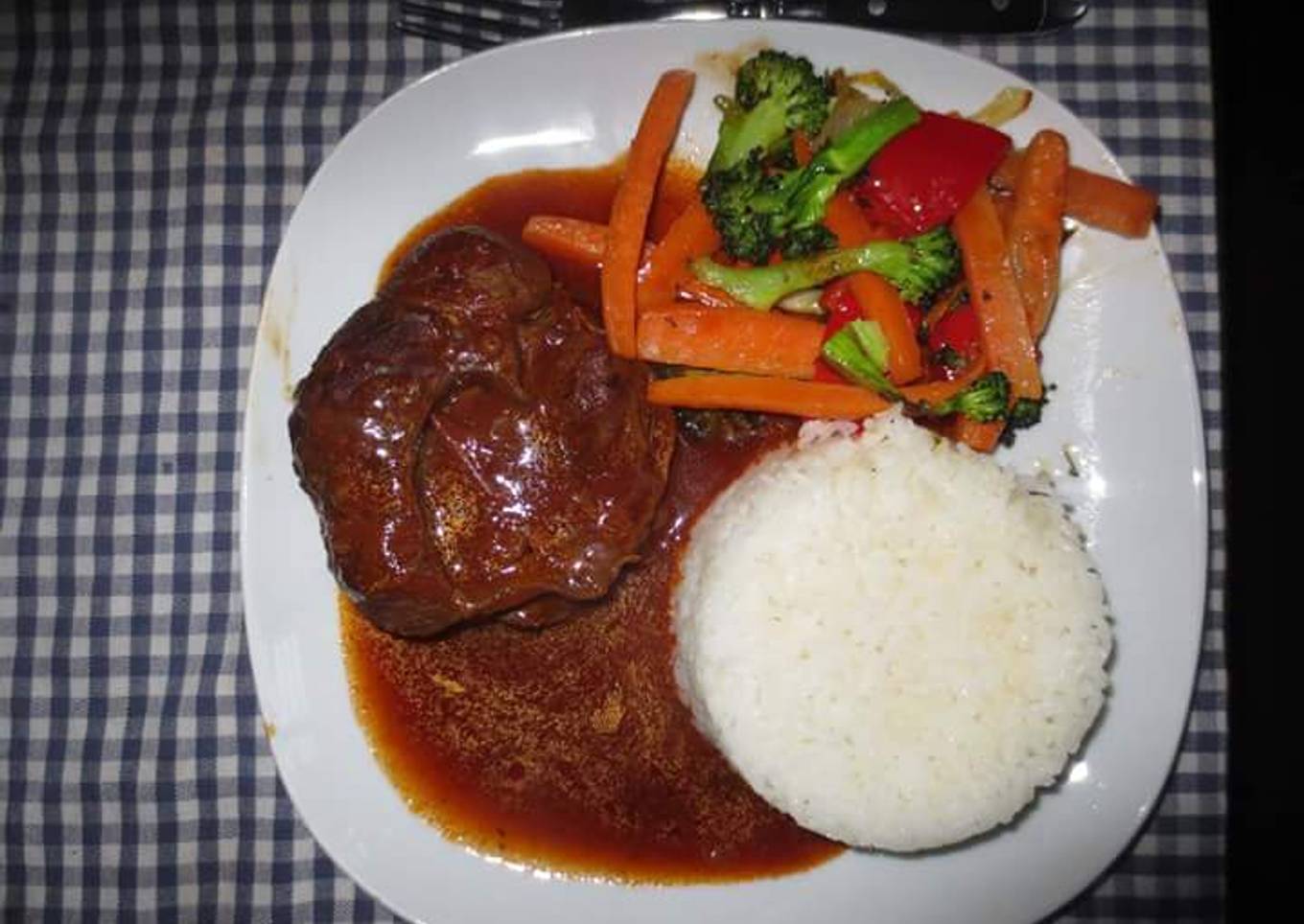 Beef Stew served with Rice and assorted vegetables
