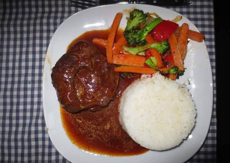 Simple Way to Prepare Super Quick Homemade Beef Stew served with Rice and assorted vegetables