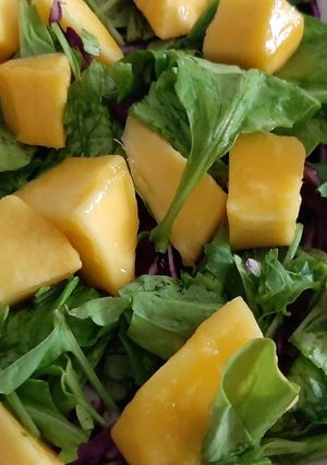 صورة لوصفة سلطة لذيذة بالجرجير والمانجو والملفوف الأحمر 😋