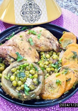 Une photo de Tajine de petit pois / artichaut et poulet