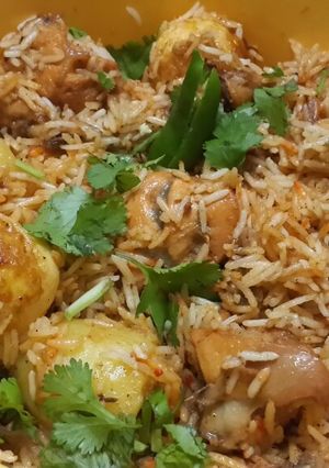 A picture of Hyderabadi Chicken Biryani in microwave.