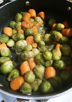 A picture of Sautéed Baby Bussel Sprouts and Carrots.